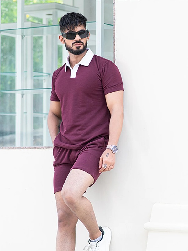 Solid Burgundy Polo Neck T-shirt &  Shorts Co-ord Set