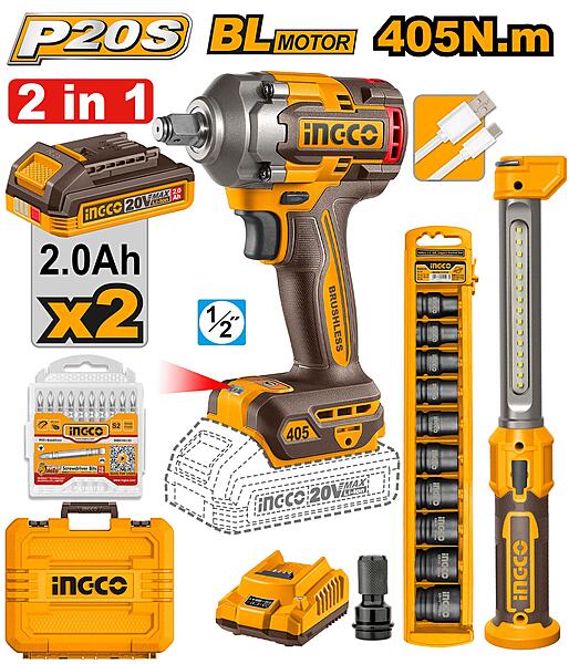 INGCO Cordless Impact Wrench 2 Pcs Kit COSLI23056