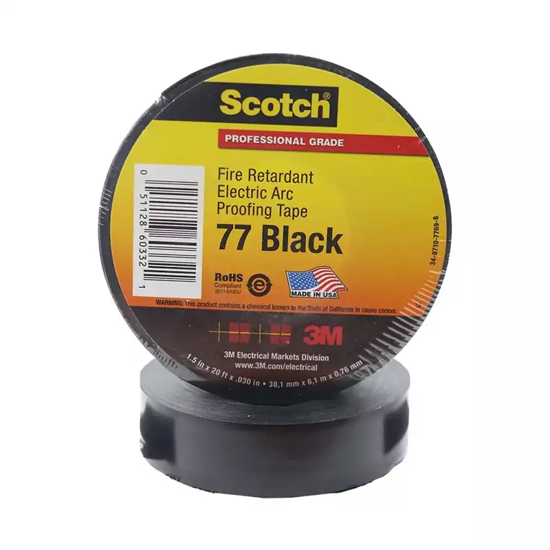 3M Scotch 77 Fire-Retardant Electric Arc Proofing Tape – Black, 1.5" x 20Ft | High-Safety Insulation Tape