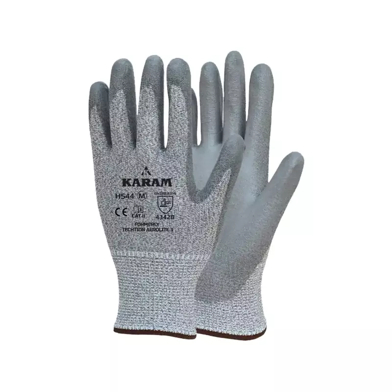 Karam Safety Gloves | 13GG HPPE/Glass | TDM-Level B shell with PU Palm coated glove | 4342B | Model: HS44