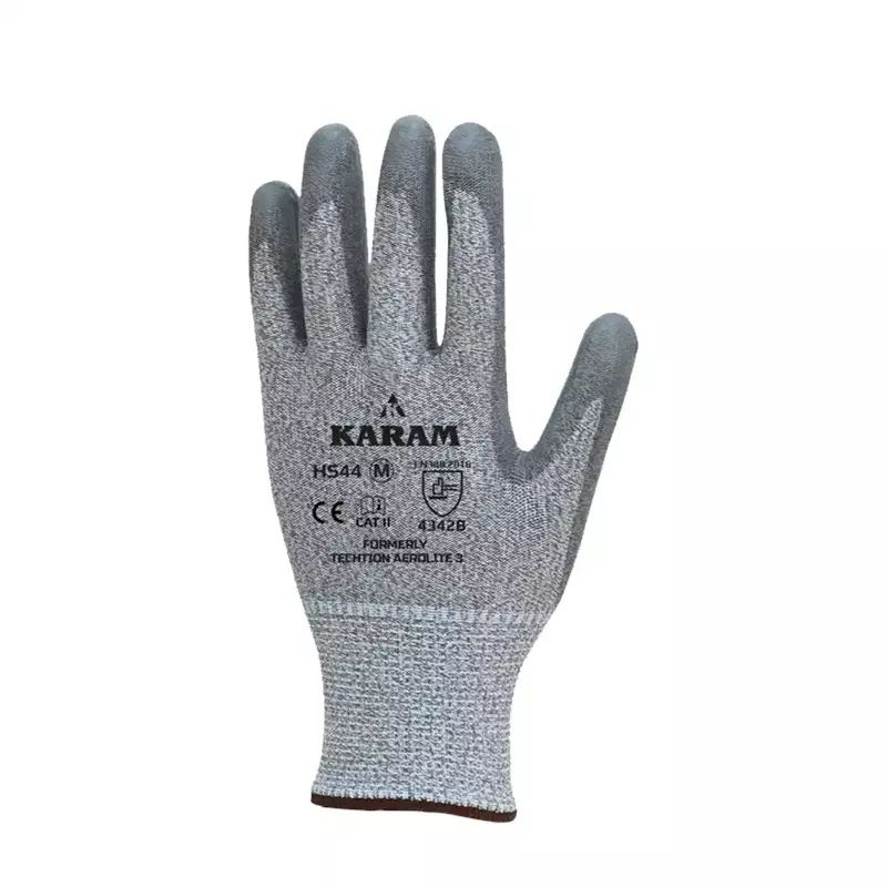 Karam Safety Gloves | 13GG HPPE/Glass | TDM-Level B shell with PU Palm coated glove | 4342B | Model: HS44