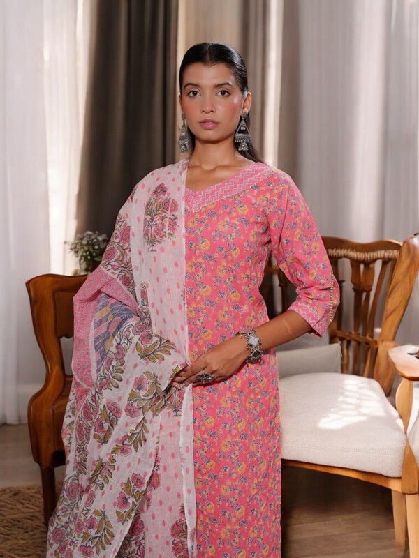 TRADITIONAL PINK FLORAL PRINT COTTON SALWAR SUIT SET