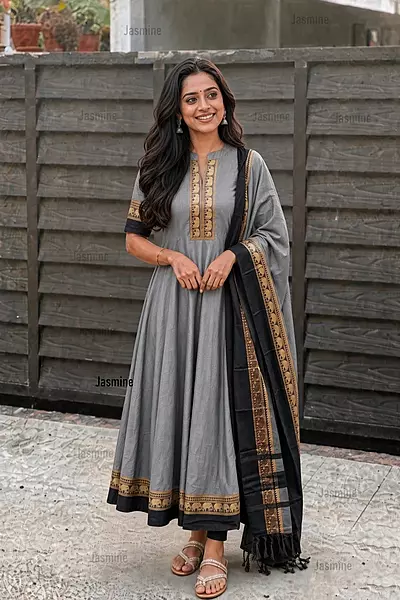 Cement grey Narayanpet salwar material with black elephant thread-woven border