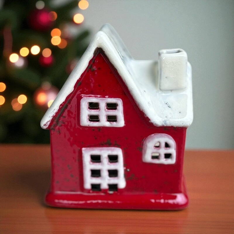 Ceramic Red House Christmas Tealight Candle Holder