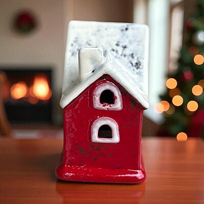 Ceramic Red House Christmas Tealight Candle Holder
