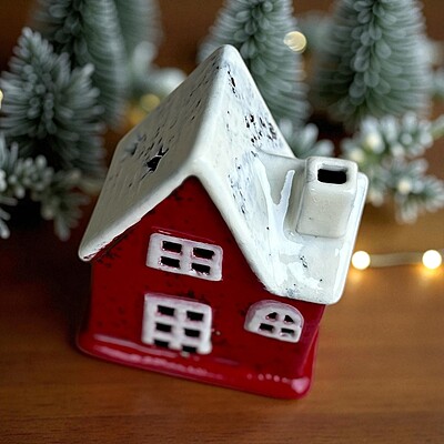 Ceramic Red House Christmas Tealight Candle Holder