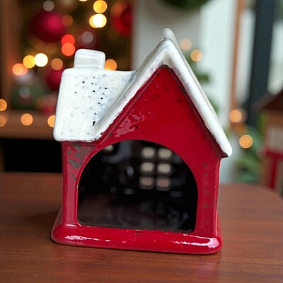 Ceramic Red House Christmas Tealight Candle Holder