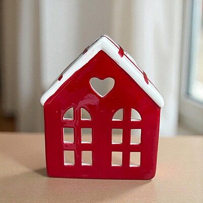 Ceramic Red House Christmas Tealight Candle Holder- Heart Window