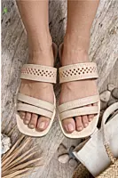 Natural leather women's slide chappal, hand-tooled dot pattern, Chamba — Yatrika Crafts
