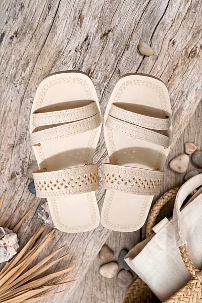Natural leather women's slide chappal, hand-tooled dot pattern, Chamba — Yatrika Crafts