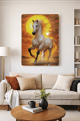 White Running Horse Wall Art  – Resin Crystal Embedded Luxury Vastu Decor Frame