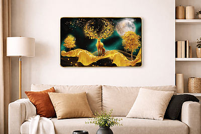 Golden Deer Moonlight Wall Art  – Resin Crystal Embedded Luxury Nature Decor Frame