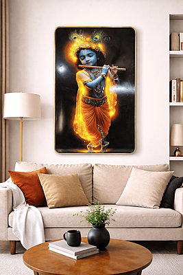Divine Krishna Playing Flute Wall Art | Resin Crystal Embedded | Dust Resistant Spiritual Home Décor