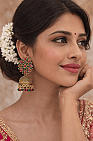 Traditional Floral Jhumka Earrings with Red and Green Stones