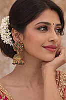 Traditional Floral Jhumka Earrings with Red and Green Stones