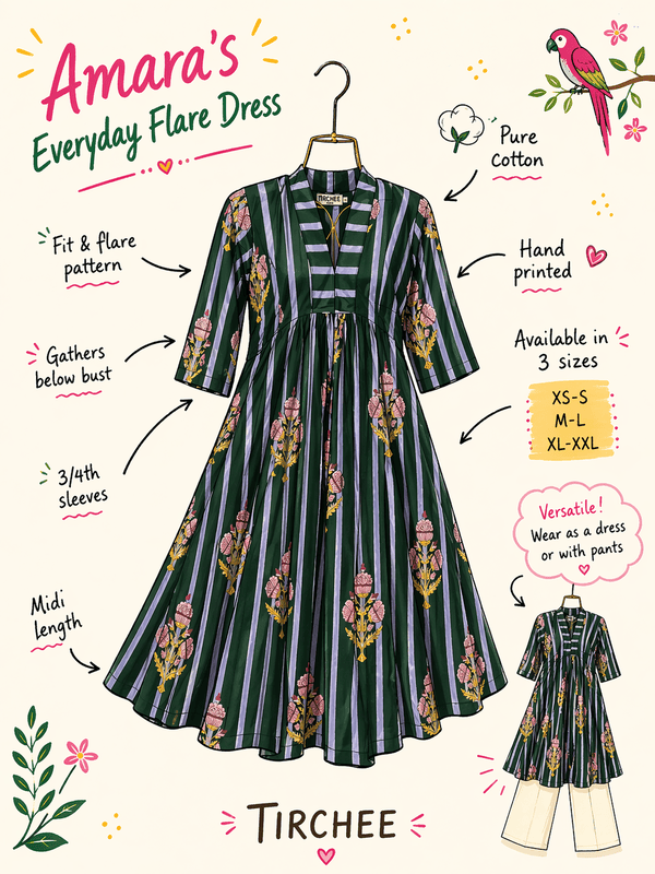 Amara's Everyday Flare Dress - Turquoise Stripes with Flowers