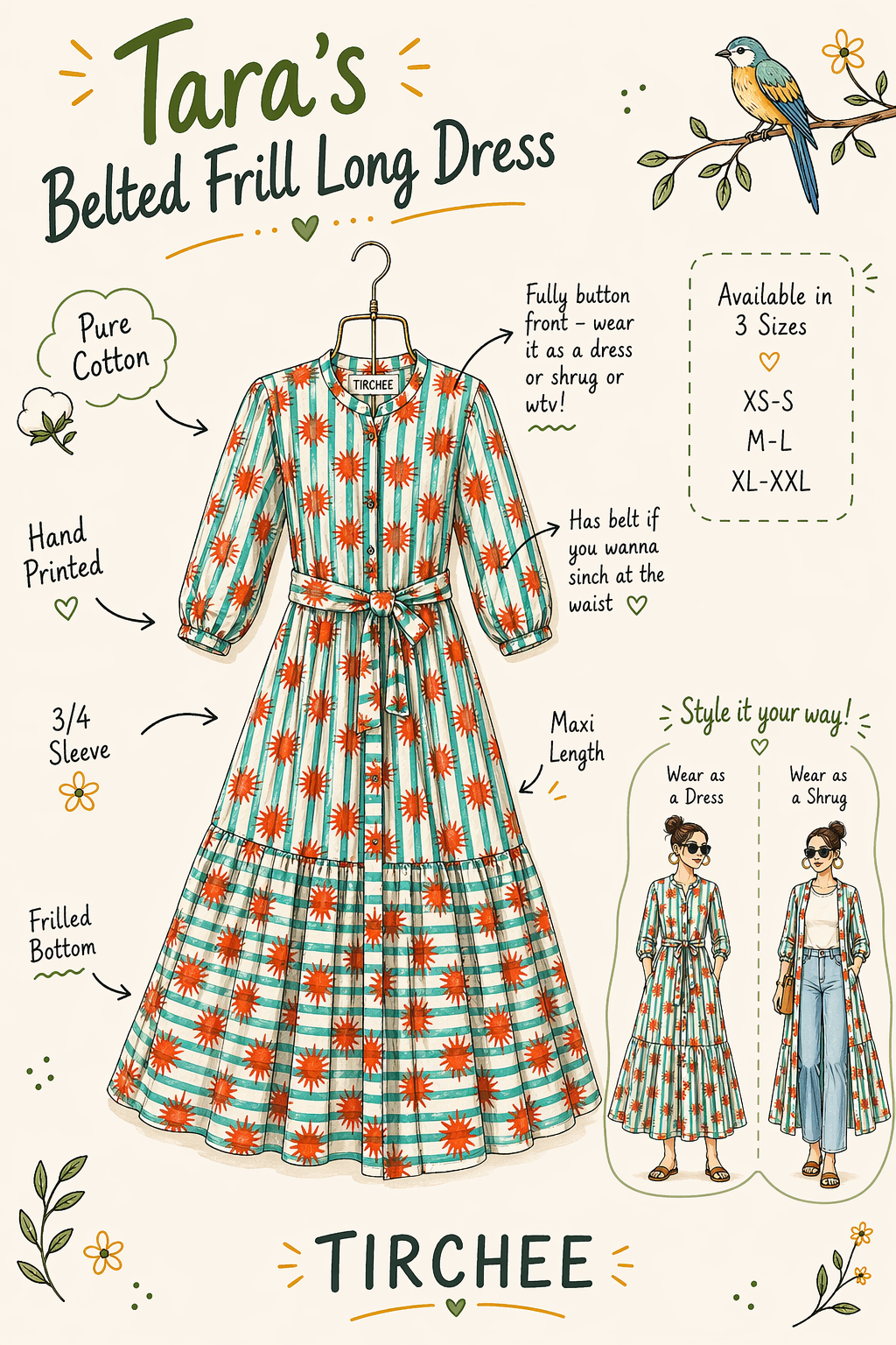 Tara's Belted Frill Long Dress - Orange Stripes With Blue Suns