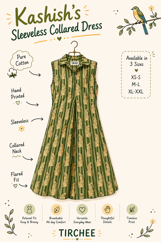 Kashish's Sleeve-less Collared Dress - Sap Green Stripes & Cheetahs