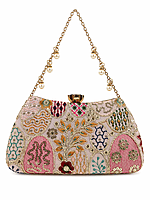 Multicolor Embroidered Clutch Bag with Gold Chain and Pearl Details