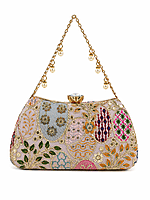 Multicolor Embroidered Clutch Bag with Gold Chain and Pearl Details