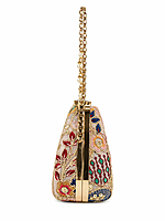 Multicolor Embroidered Clutch Bag with Gold Chain and Pearl Details