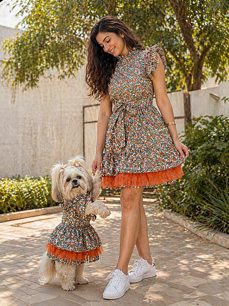 Orange Net Mom and Furbaby Twinning Set