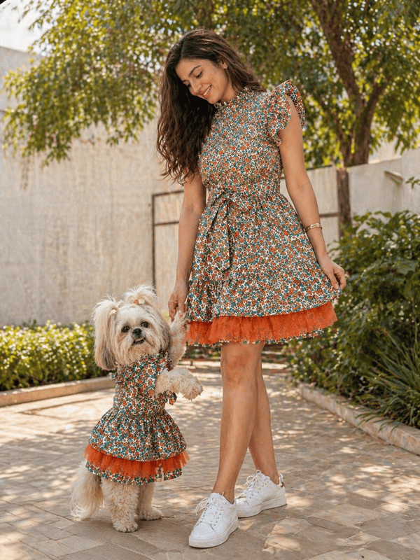 Orange Net Mom and Furbaby Twinning Set