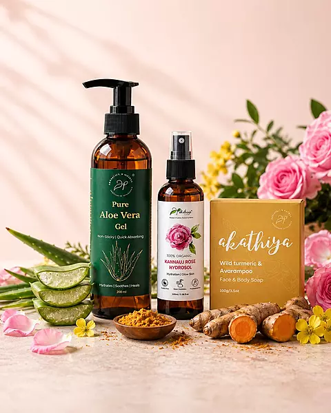 Akathiya Hydration & Glow Kit – Aloe Vera Gel, Rose Hydrosol & Wild Turmeric Soap