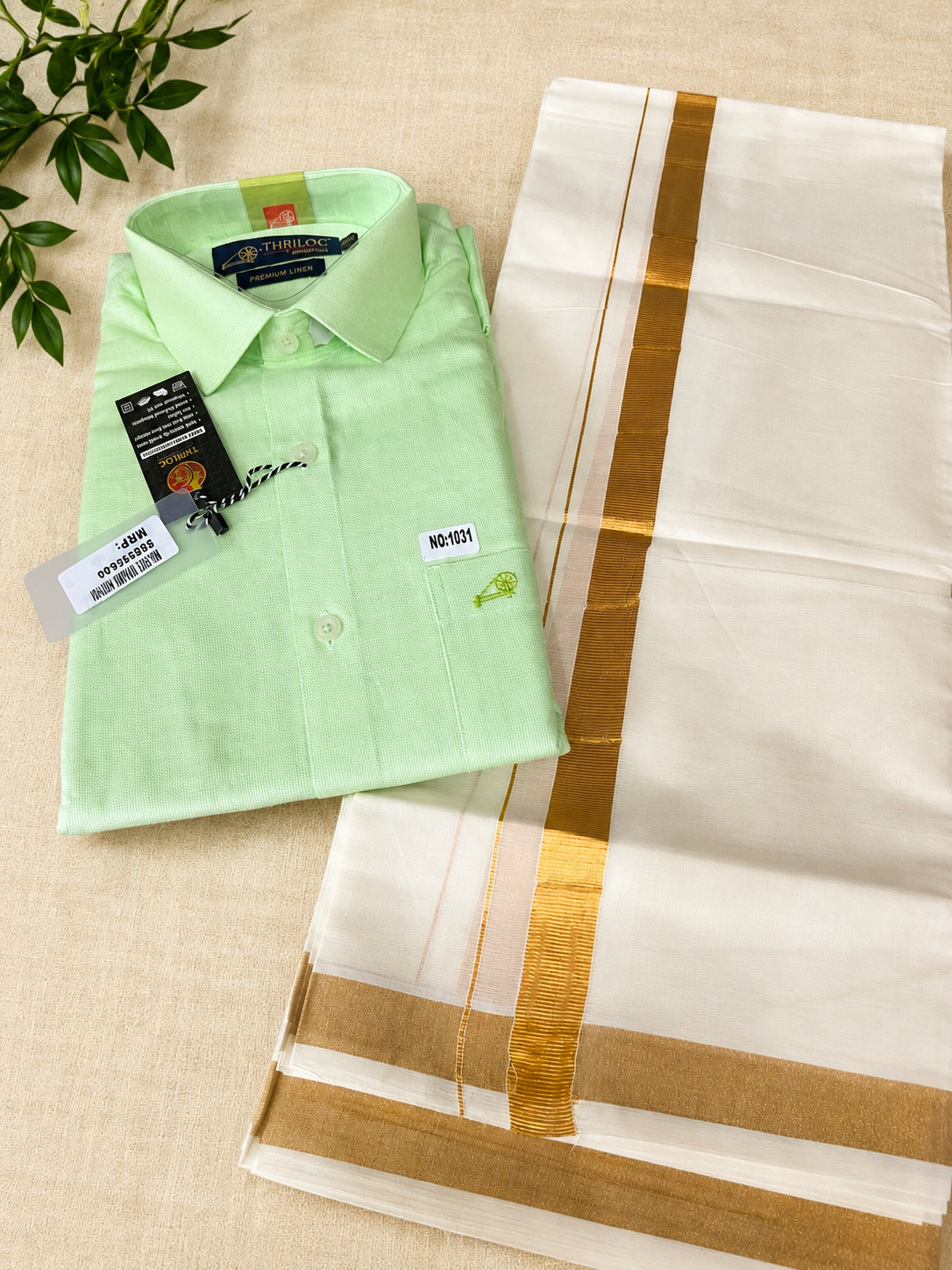 Plane Light green shirt & mundu  full size - 38