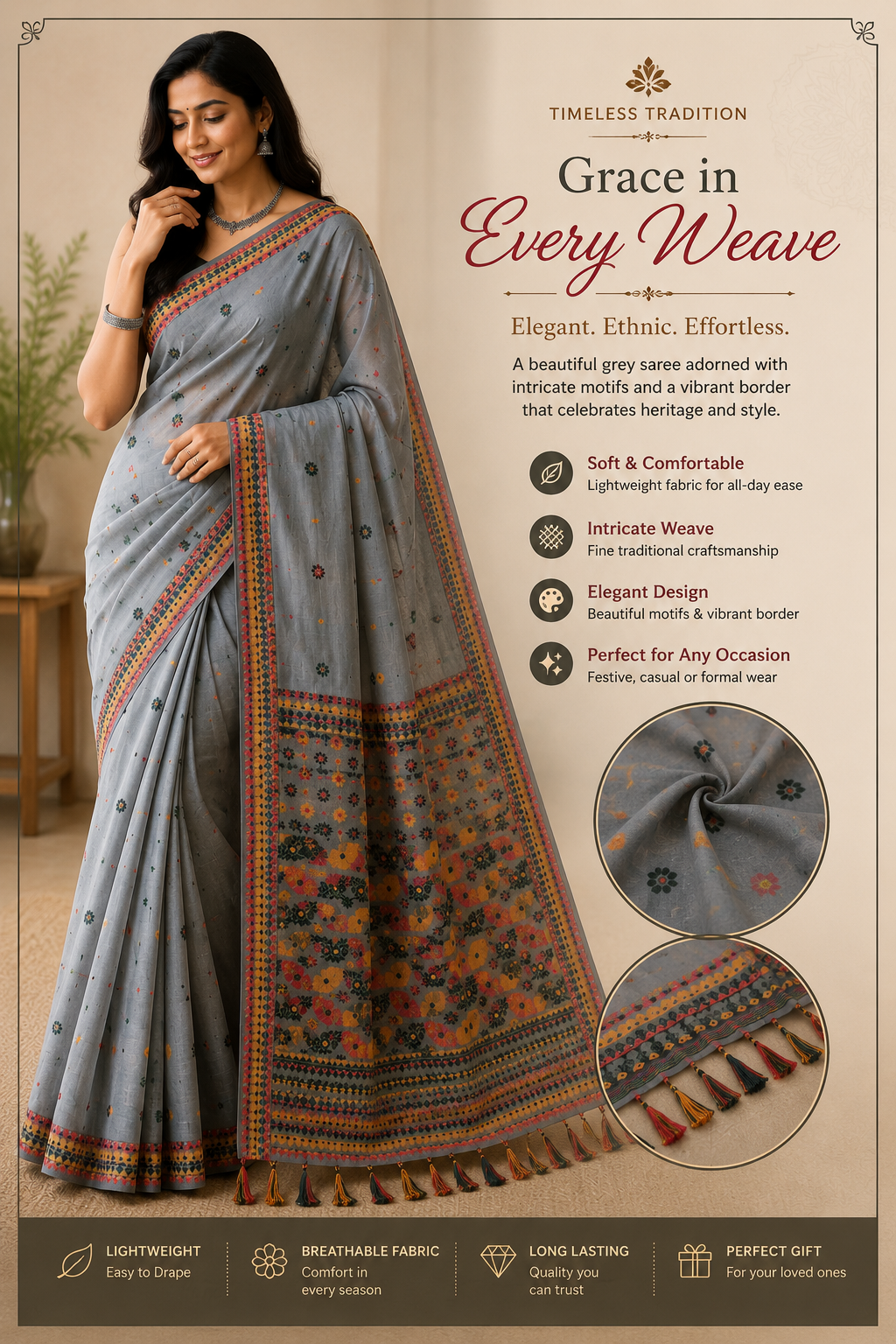 Elegant Grey Floral Border Saree