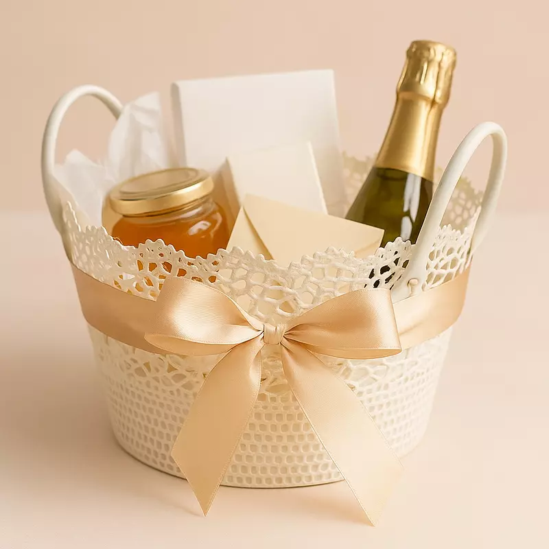 Round Crochet Basket with faux leather handles