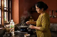 Kerala woman tempering mustard seeds in Worth2Deal Malabar Chekku Coconut Oil