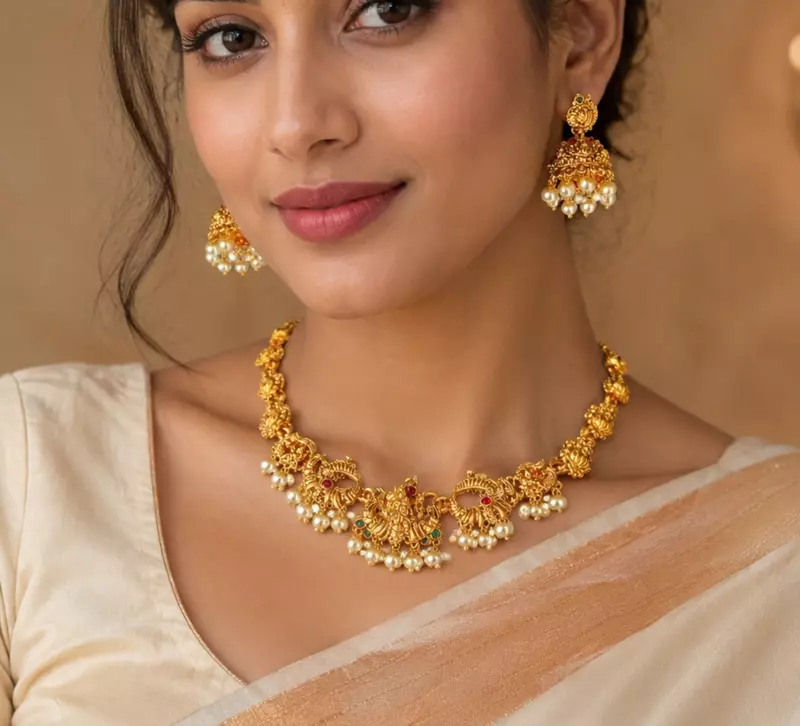 Temple Jewellery Lakshmi Design Gold-Tone Necklace Set