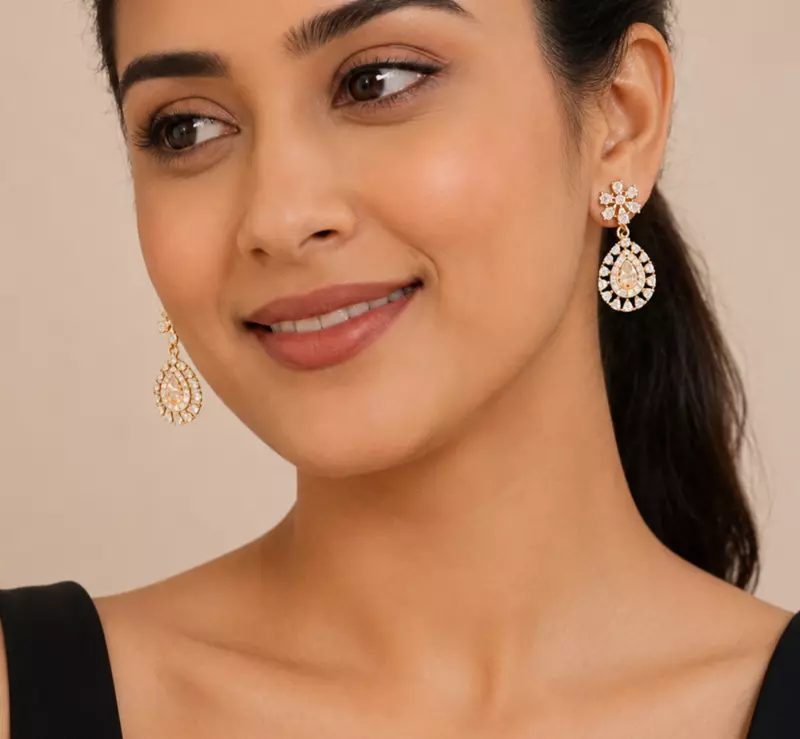 Elegant White Stone Floral Drop Earrings with Teardrop Design for Women