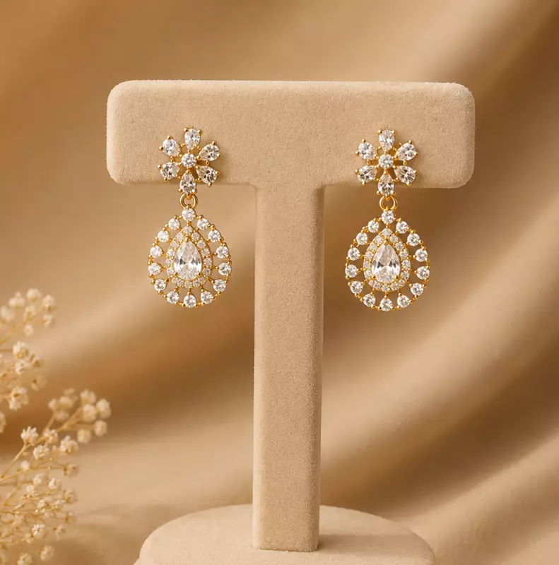Elegant White Stone Floral Drop Earrings with Teardrop Design for Women