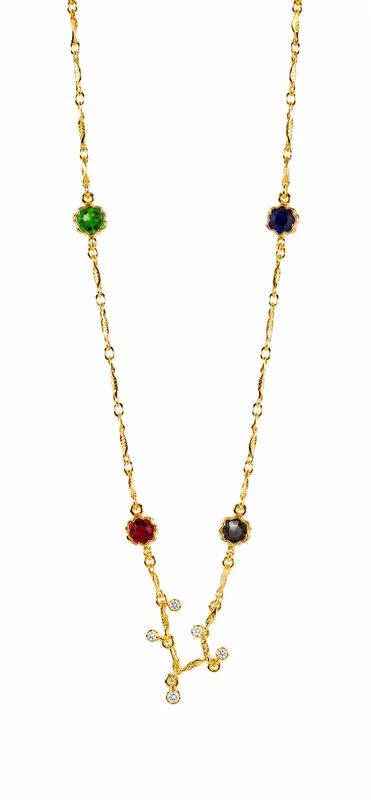 Multicolour Gemstone Gold-Tone Chain Necklace with Floral Stone Accents