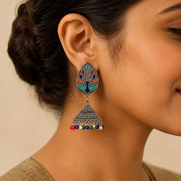 Neelmayur Multicolour Enamel Oxidised Jhumka Earrings