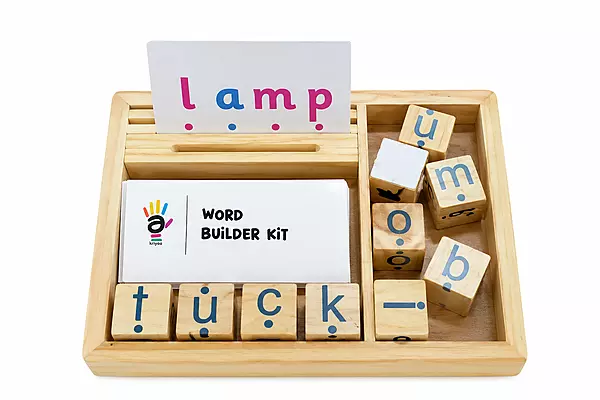 Word Builder Tray – Level 1 | Age 4+ | 14 Wooden Letter Blocks + 30 Picture Cards