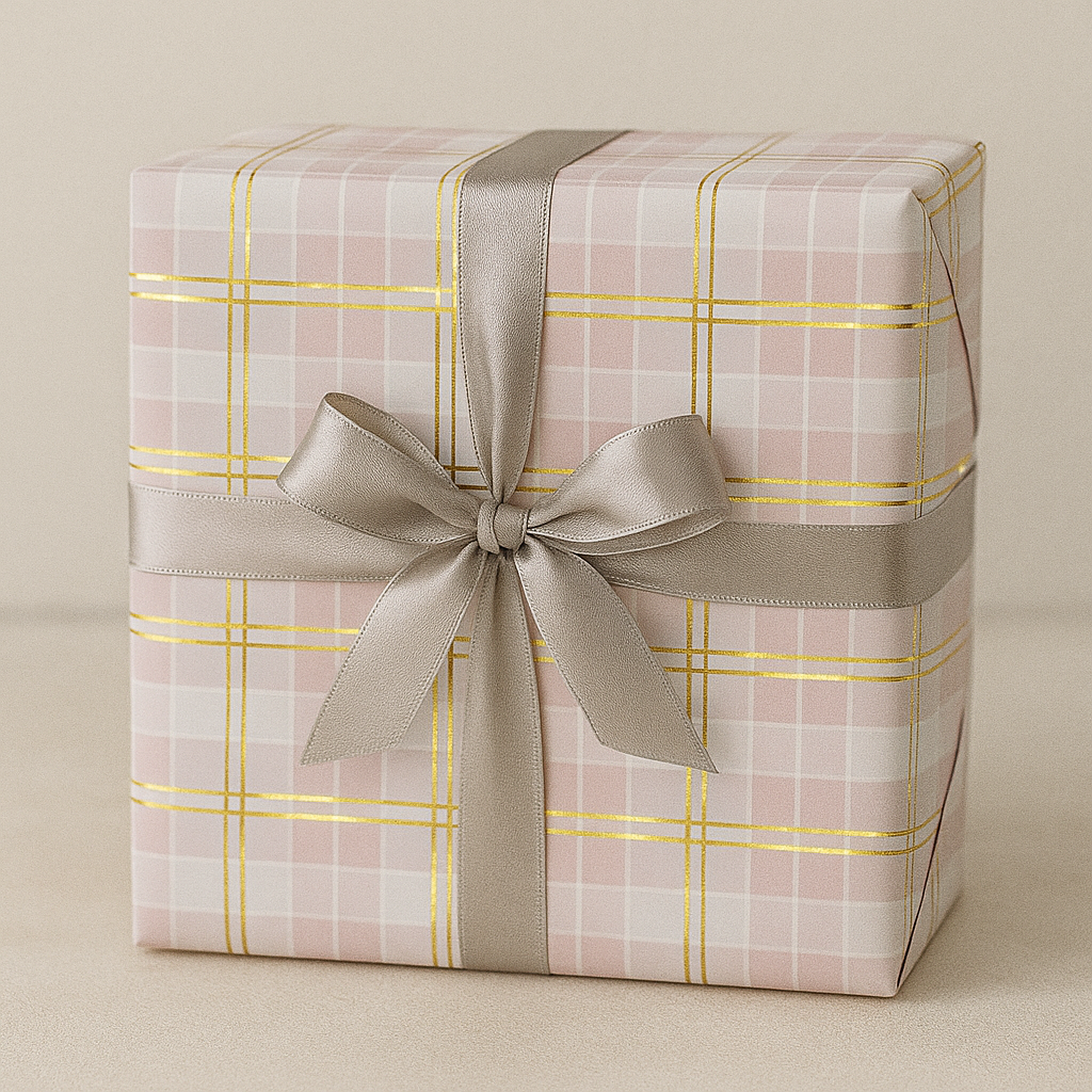 Pink & Gold Foil Plaid Gift Wrap