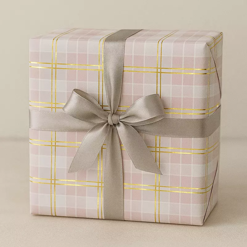 Pink & Gold Foil Plaid Gift Wrap