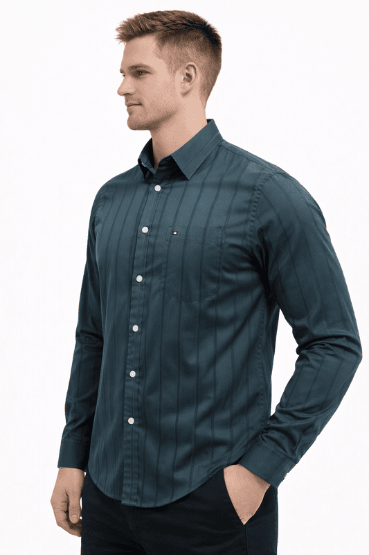 Men’s Green Striped Shirt – 100% Cotton