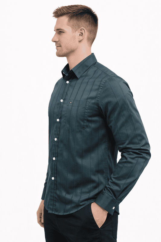 Men’s Green Striped Shirt – 100% Cotton