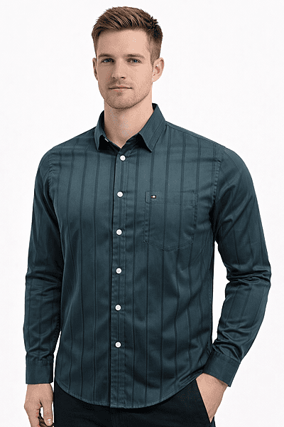 Men’s Green Striped Shirt – 100% Cotton