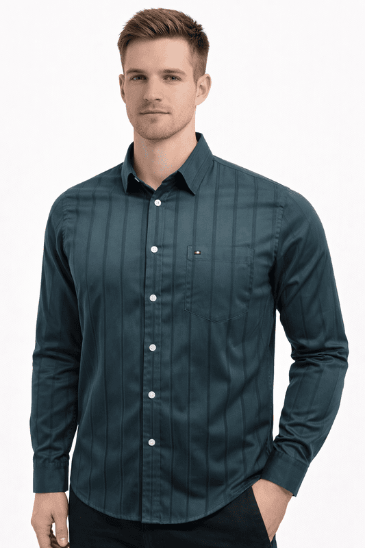 Men’s Green Striped Shirt – 100% Cotton