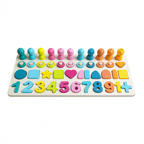 Wooden Educational Puzzle Board with Numbers, Shapes & Arithmetic Game