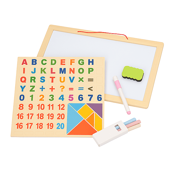 Montessori Wooden Alphabet, Number & Math Symbols Puzzle Board with Dual-Sided Chalk and White Board for Kids