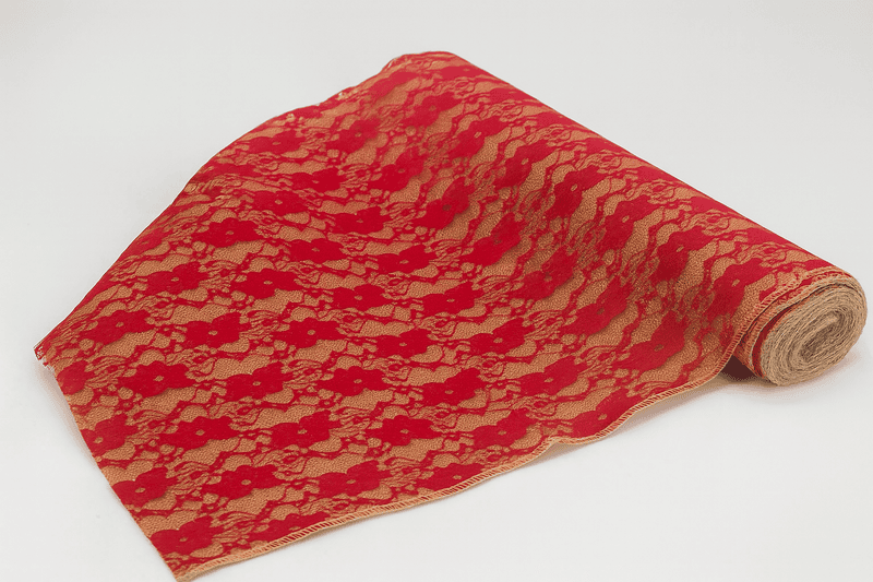 Faux Burlap Jute Roll with Lace - Red
