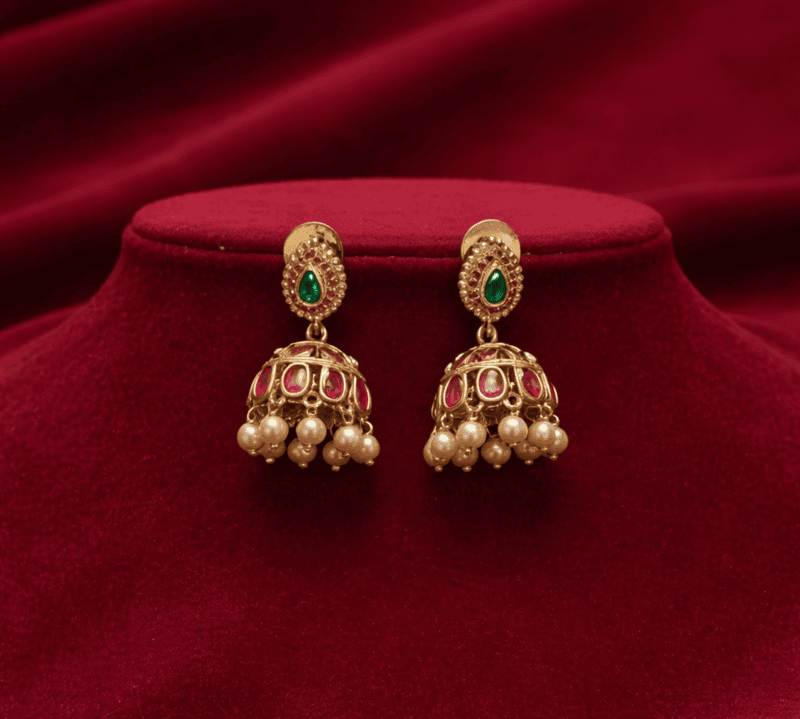 Emerald Ruby Jhumka Pearl Drop Earrings