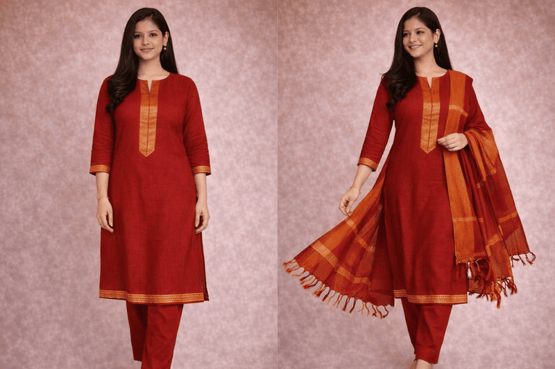 Rusty Orange  Colour Chettinad cotton salwar suit with dupatta