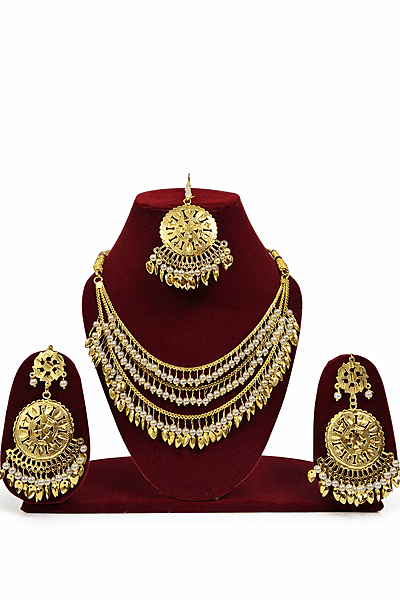 Royal Gold-Plated Kundan Necklace, Maang Tikka and Earring Set